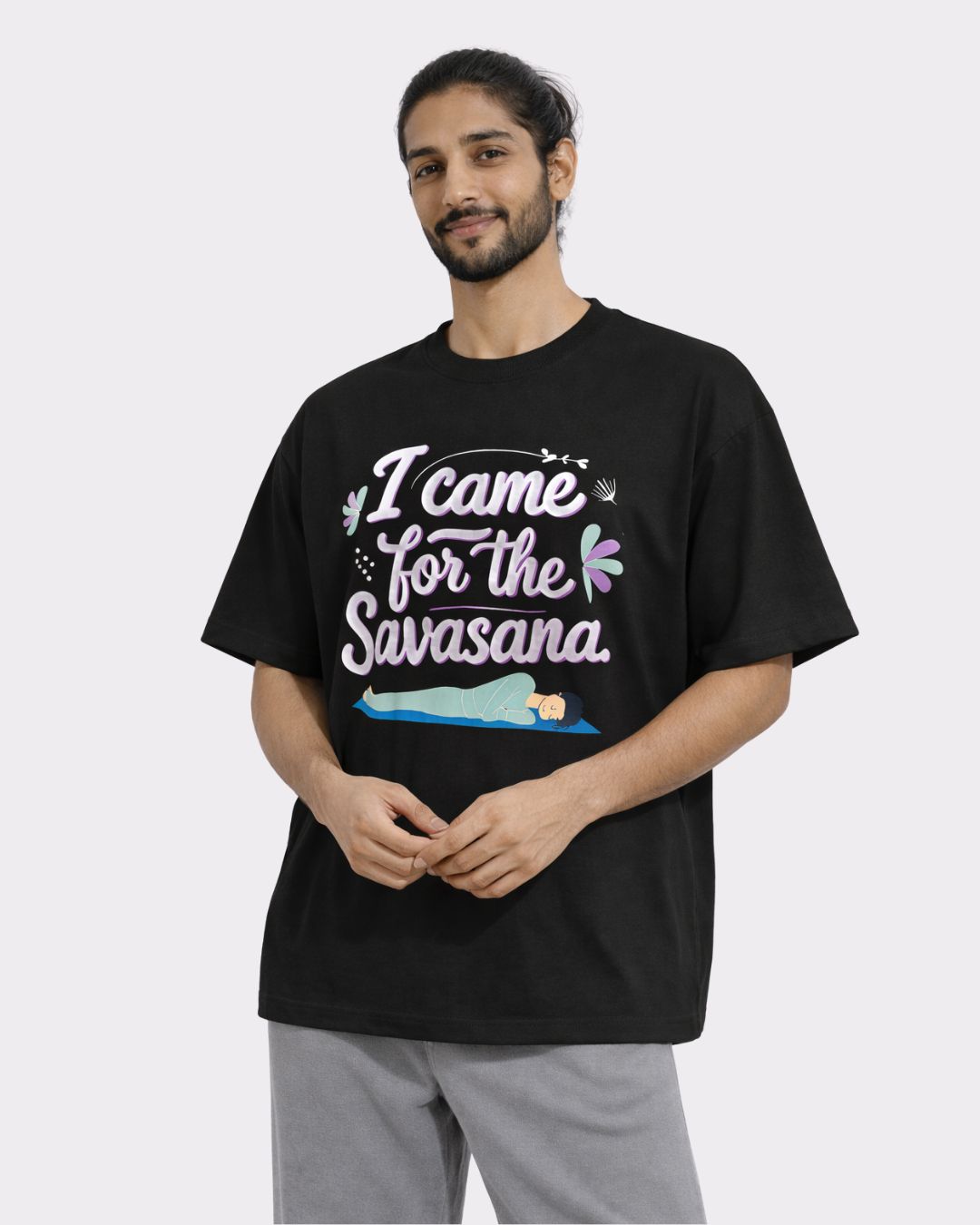 Yoga Oversized Tshirt For Men in black with I came for the Savasana print from Bandar Baant Collections