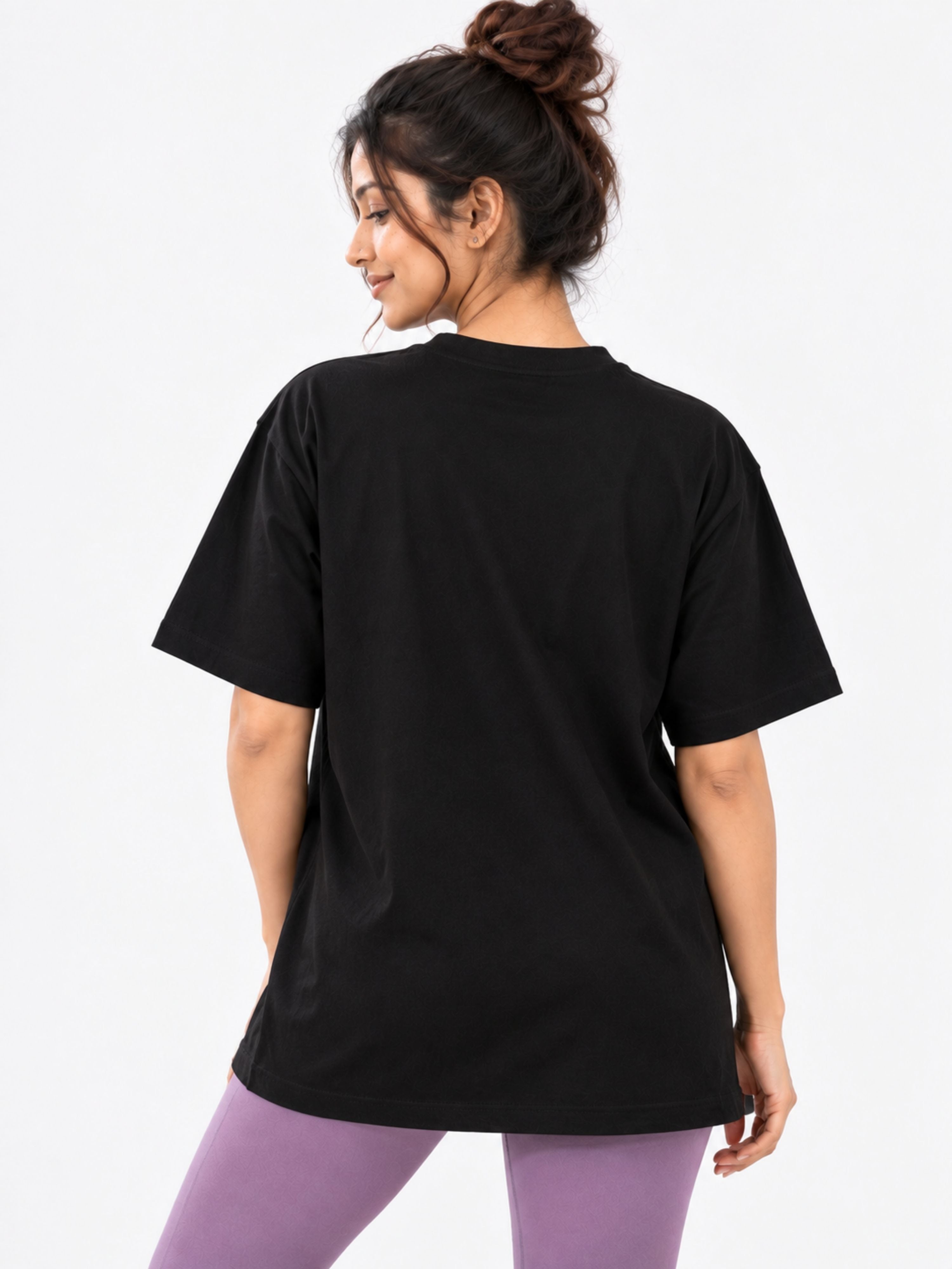 Black oversized fit shirt from Bandar Baant Collections modeled from the back Yoga Trendy T-shirt For Women