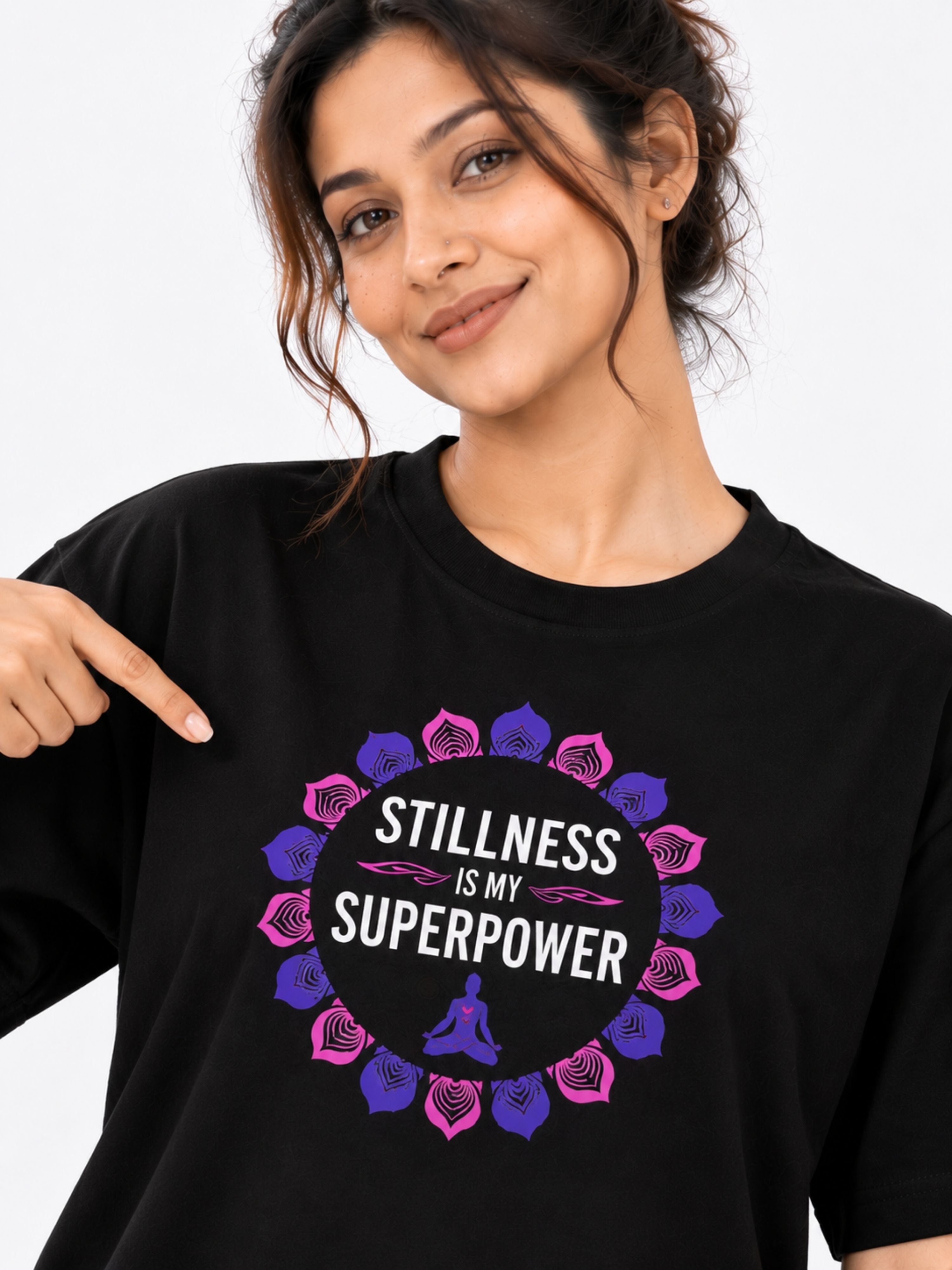 Yoga Trendy T-shirt For Women oversized fit black Tshirt with Stillness is My Superpower design
