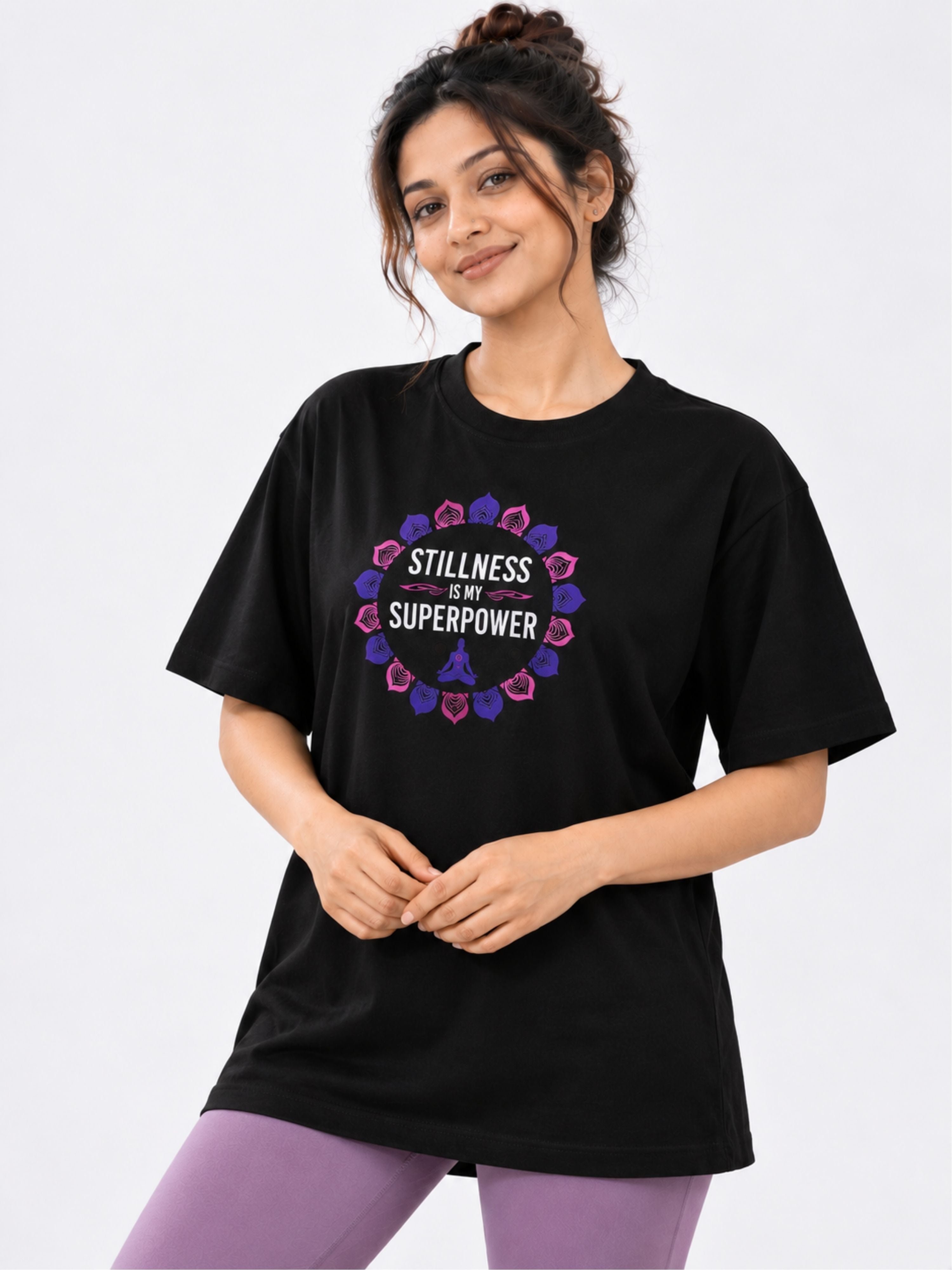 Black oversized fit Yoga Trendy T-shirt For Women with stillness is my superpower graphic print
