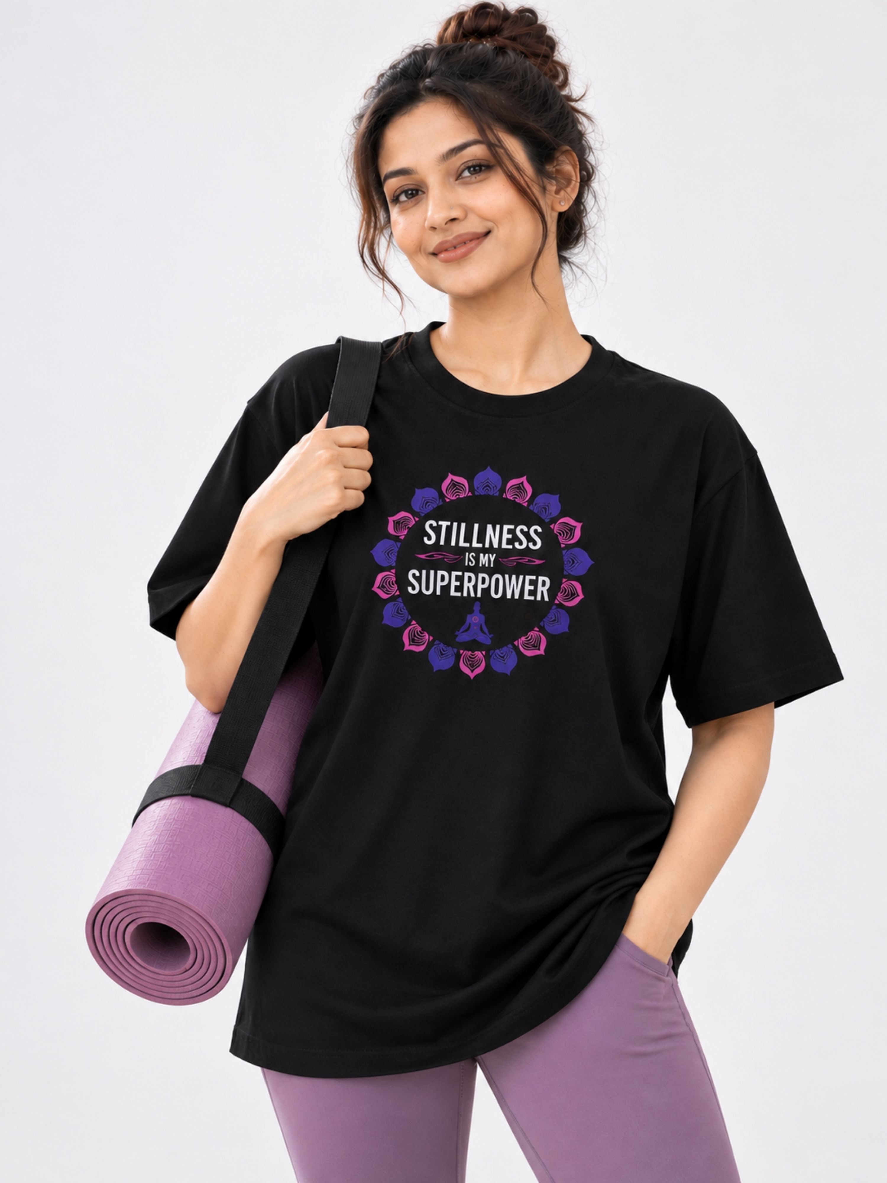 Yoga Trendy T-shirt For Women oversized fit black T-shirt with Stillness is My Superpower print by Bandar Baant Collections