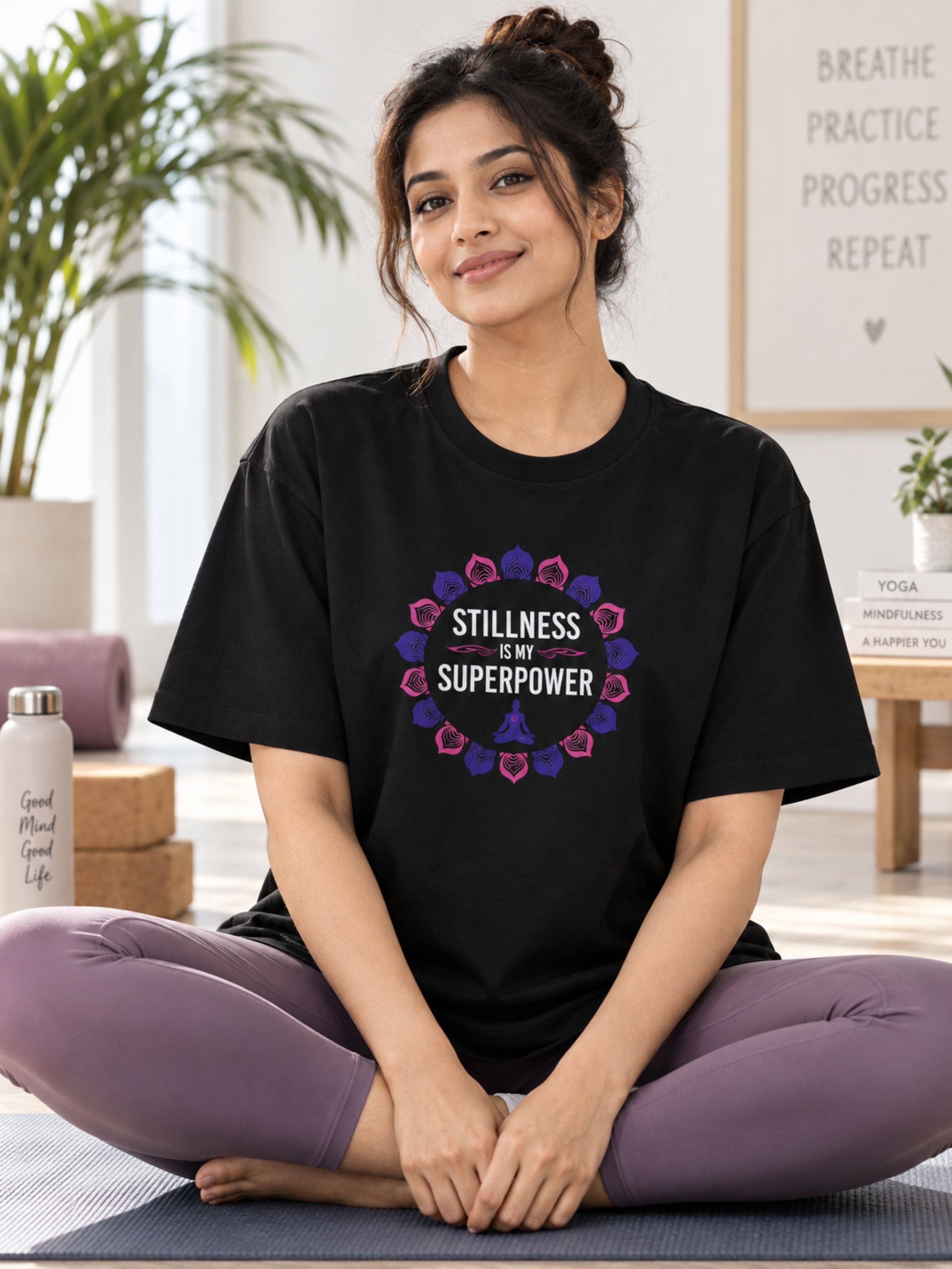 Yoga Trendy T-shirt For Women oversized fit black tshirt with stillness is my superpower design