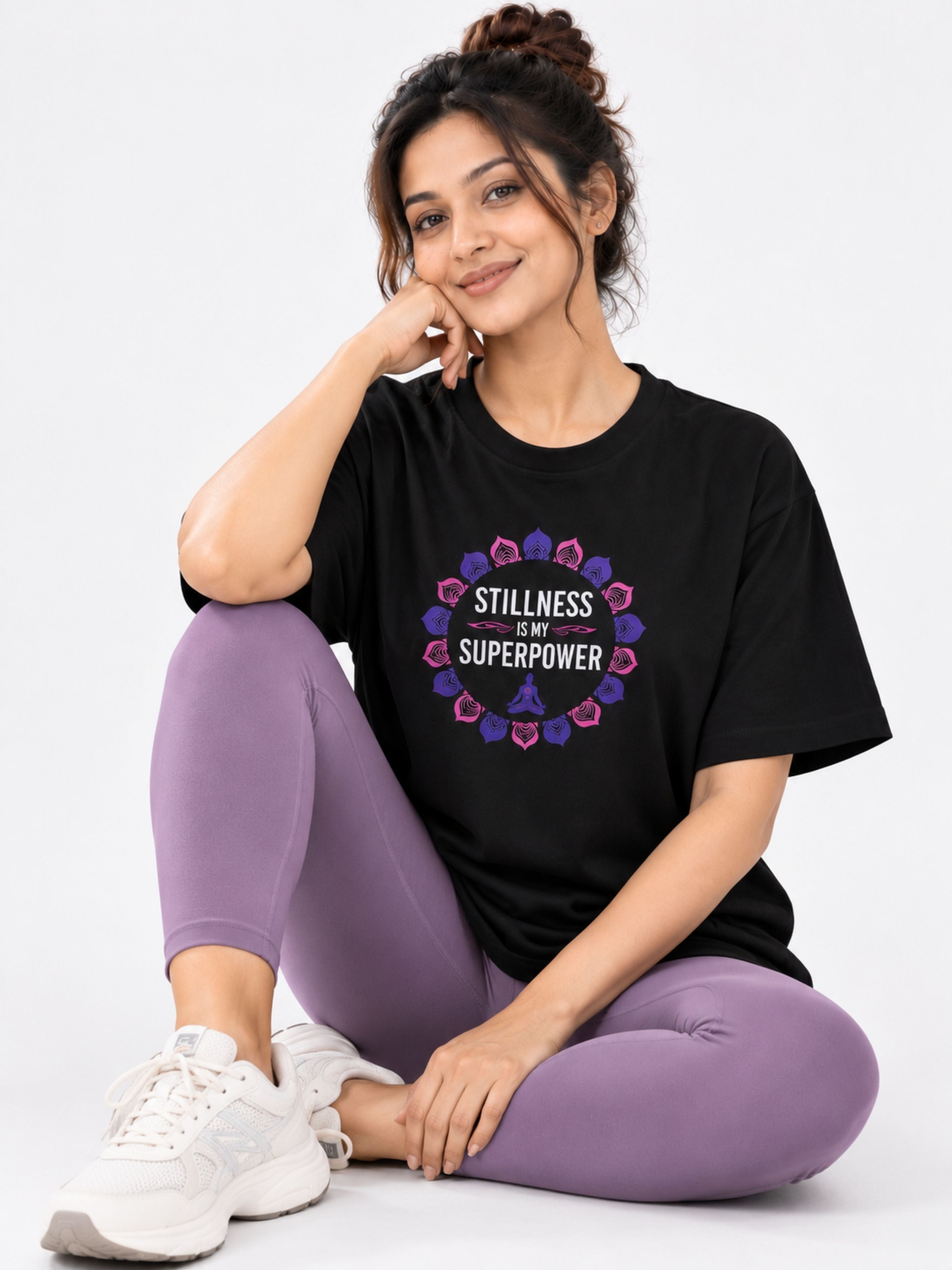 Yoga Trendy T-shirt For Women oversized fit black Tshirt with stillness is my superpower design