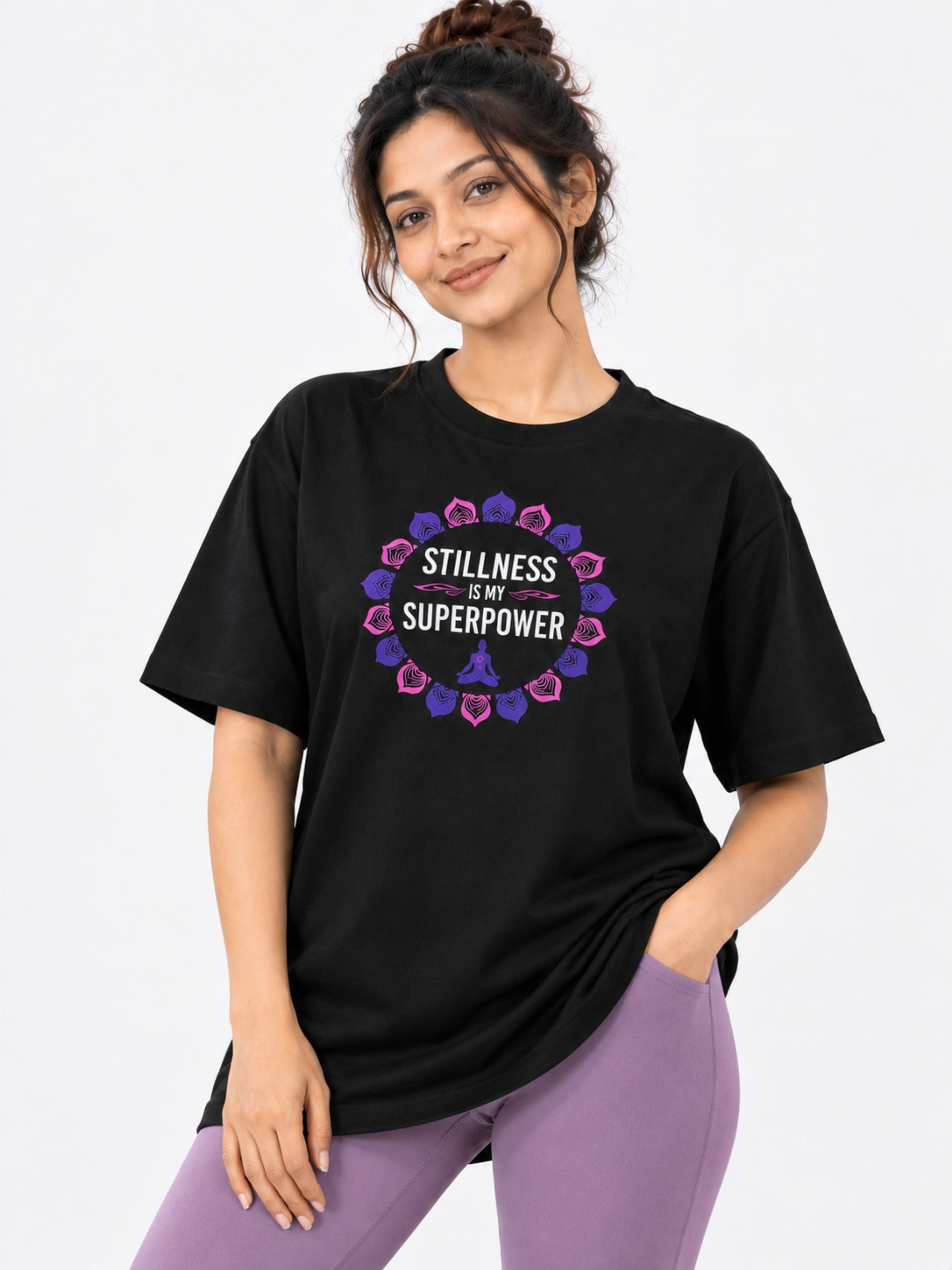 Yoga Trendy T-shirt For Women oversized fit black Tshirt with stillness design from Bandar Baant Collections