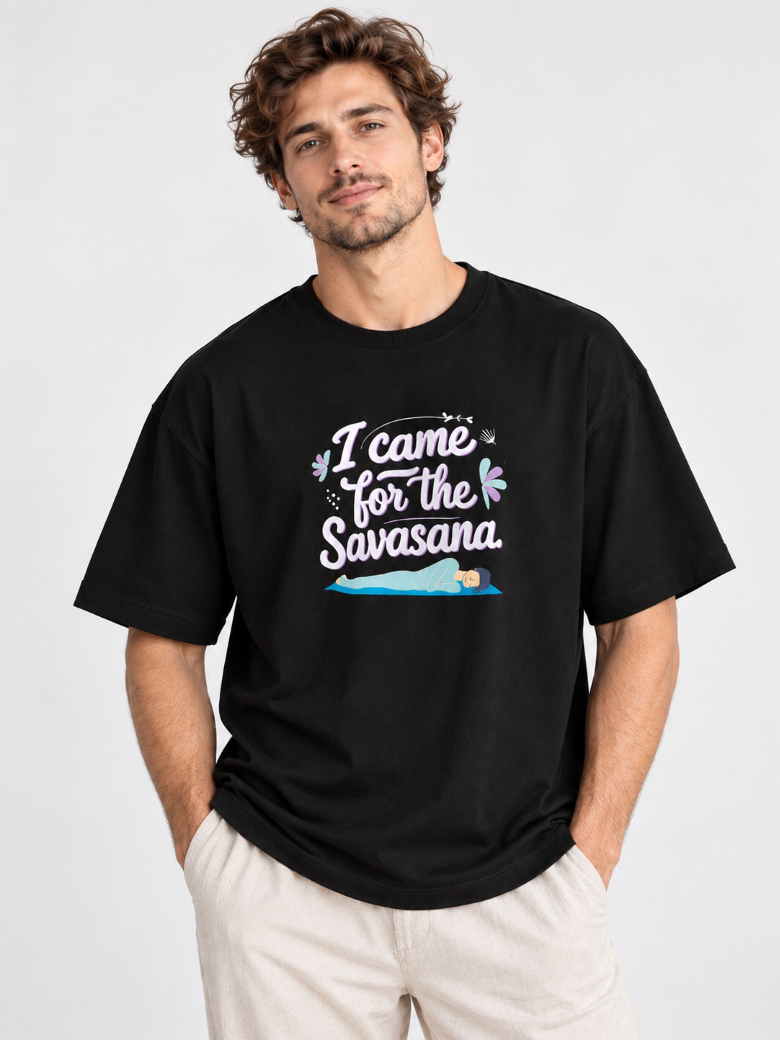 Oversized fit Yoga Tshirt For Men in black with I came for the Savasana print from Bandar Baant Collections