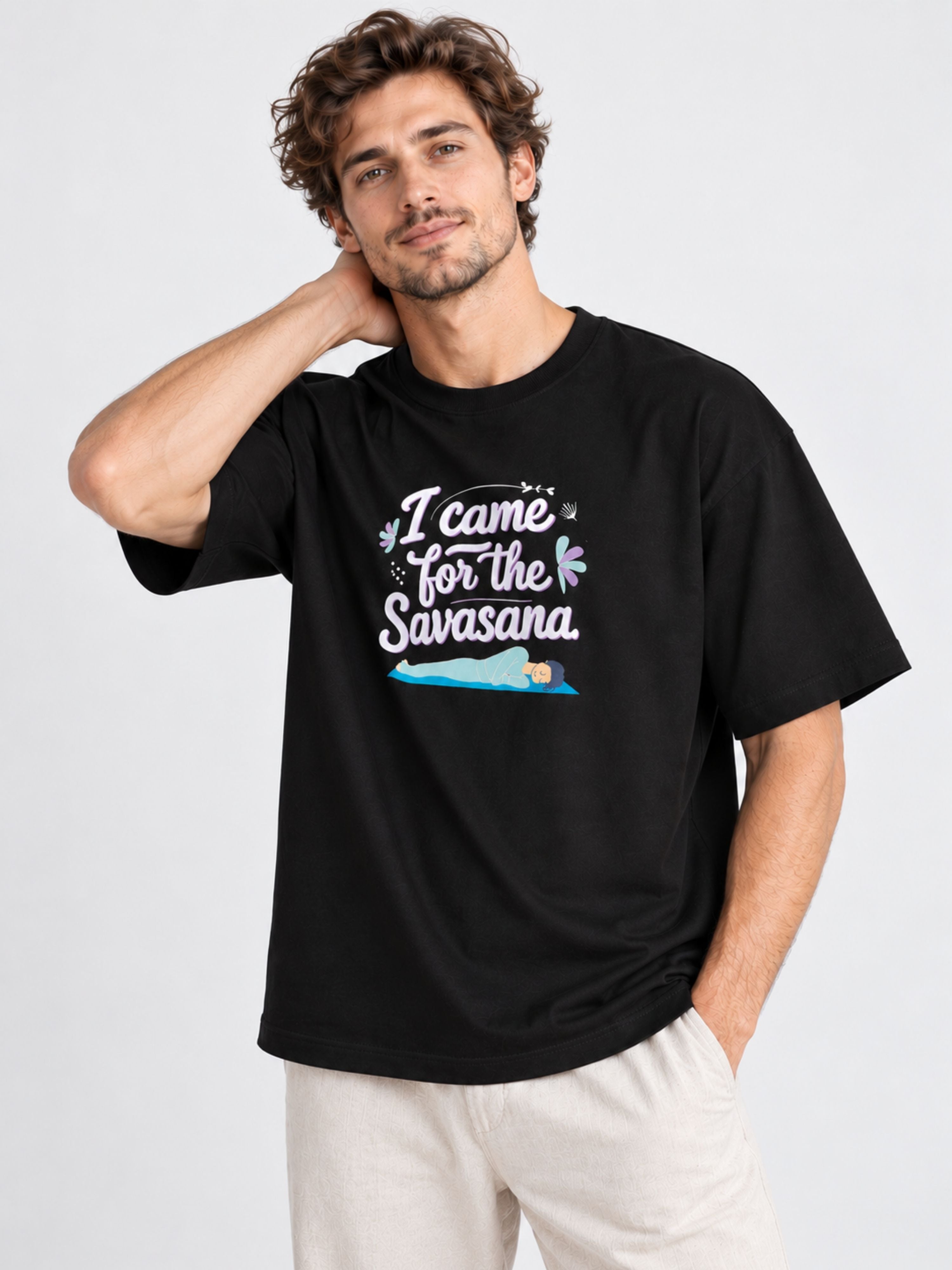 Black oversized fit Yoga Tshirt For Men with I came for the Savasana graphic from Bandar Baant Collections