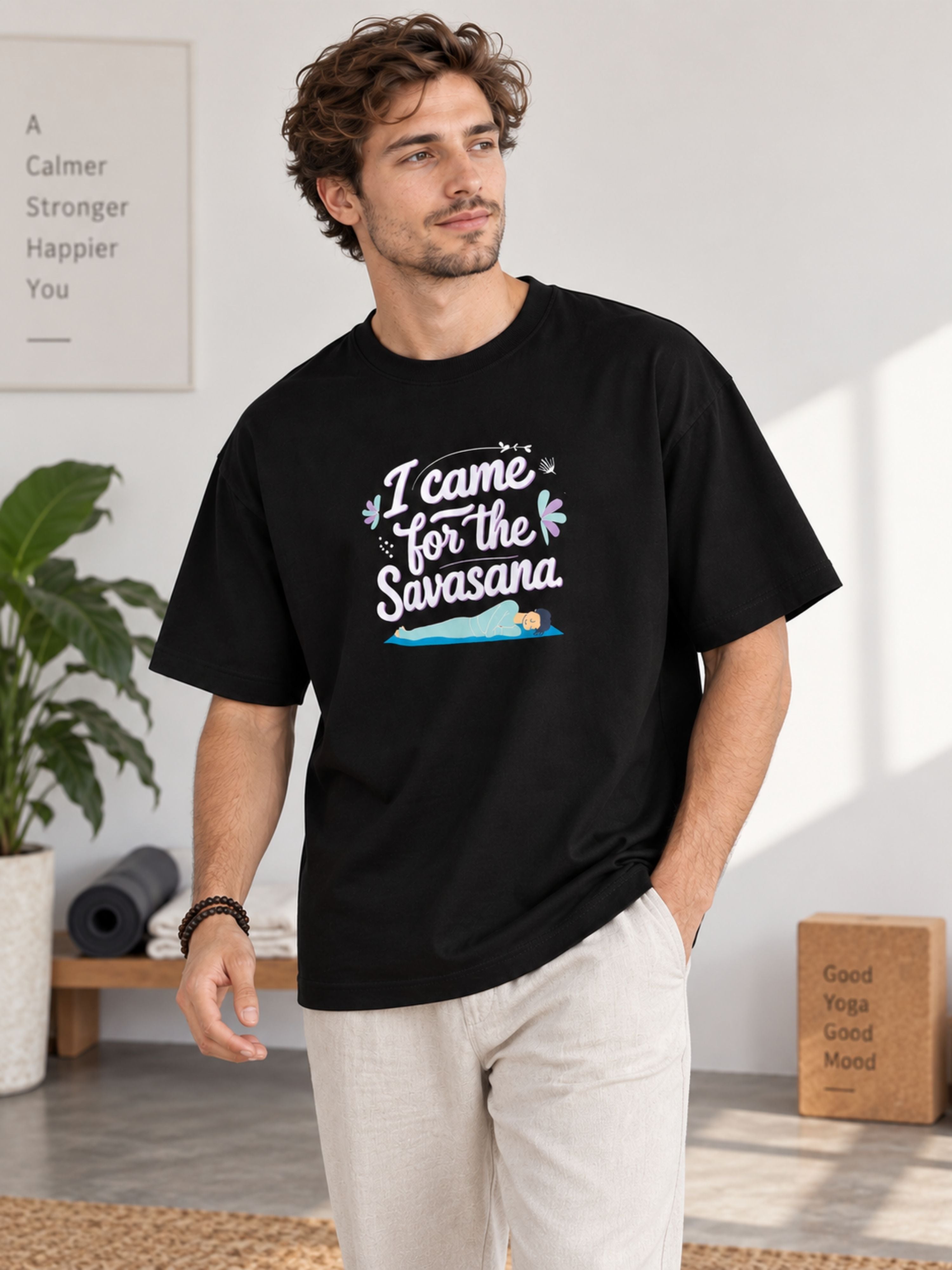 Black oversized fit Yoga Tshirt For Men with I came for the Savasana graphic print